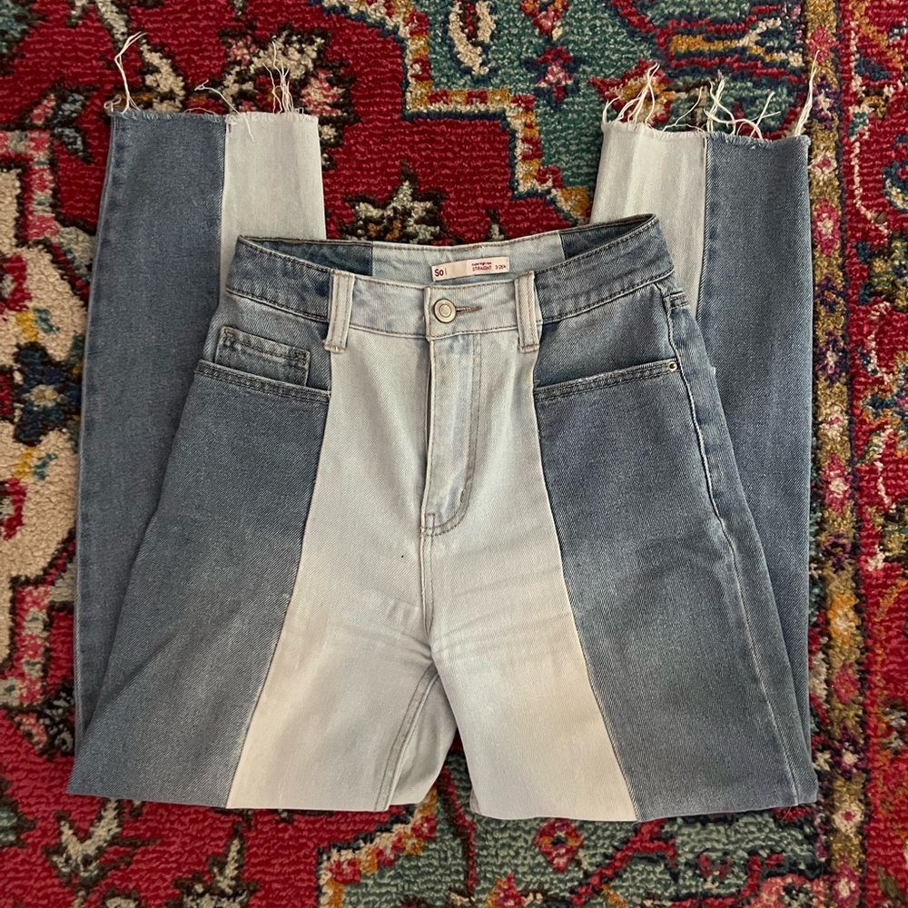 SO Light and Dark Blue Colorblock High-Waist Straight Jeans